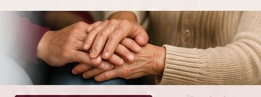 Close up of two people's hands clasped together, offering comfort