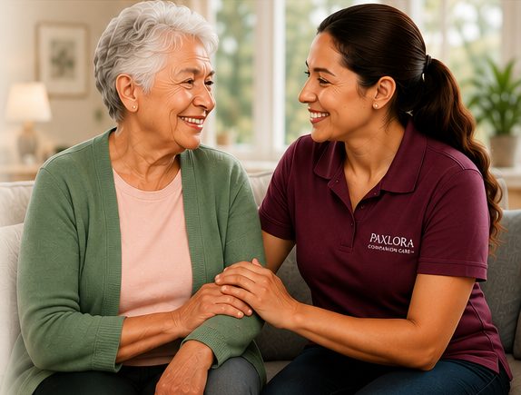 A Paxlora caregiver sharing a warm conversation with an older woman at home