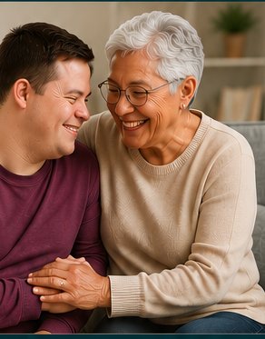 A caregiver sharing a joyful moment with an older woman at home