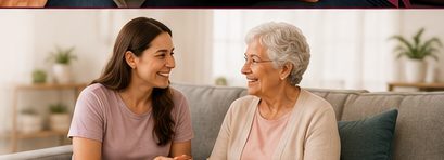 A caregiver sitting with an older woman, talking and smiling together