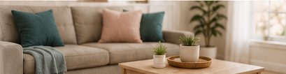 A tidy, comfortable living room with soft furnishings